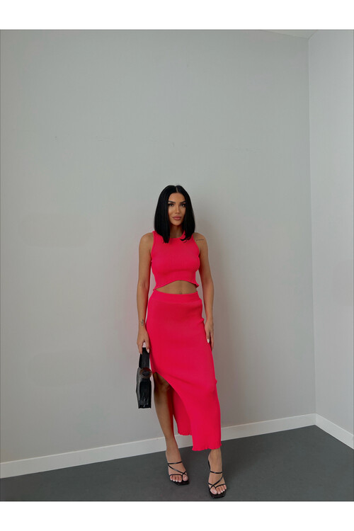 Bel Detaylı Etek Crop Triko Takım