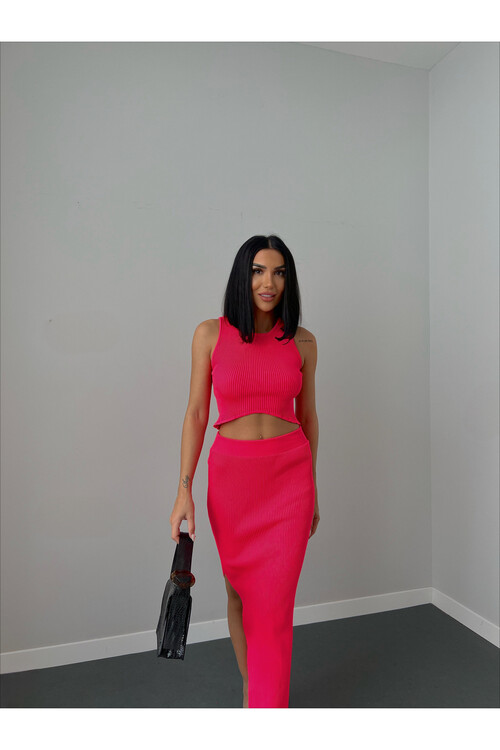 Bel Detaylı Etek Crop Triko Takım