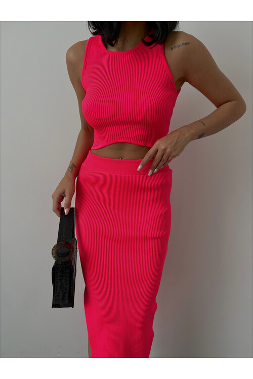 Bel Detaylı Etek Crop Triko Takım