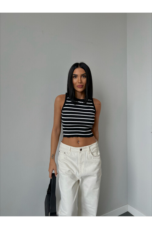 Crew Neck Striped Crop Singlet