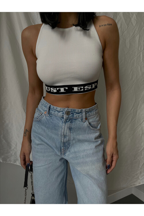 Bisiklet Yaka Yazı Detaylı Crop Atlet