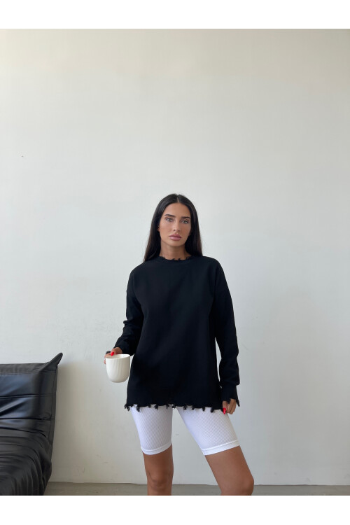 Bisiklet Yaka Yırtık Detaylı Kazak