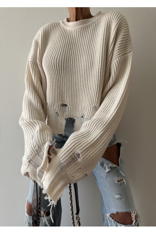 Crew Neck Ripped Knitwear Sweater