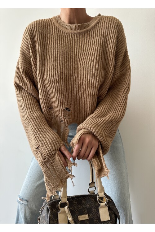 Bisiklet Yaka Yırtık Triko Kazak