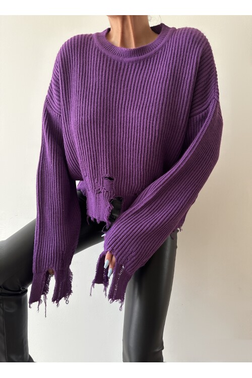 Crew Neck Ripped Knitwear Sweater
