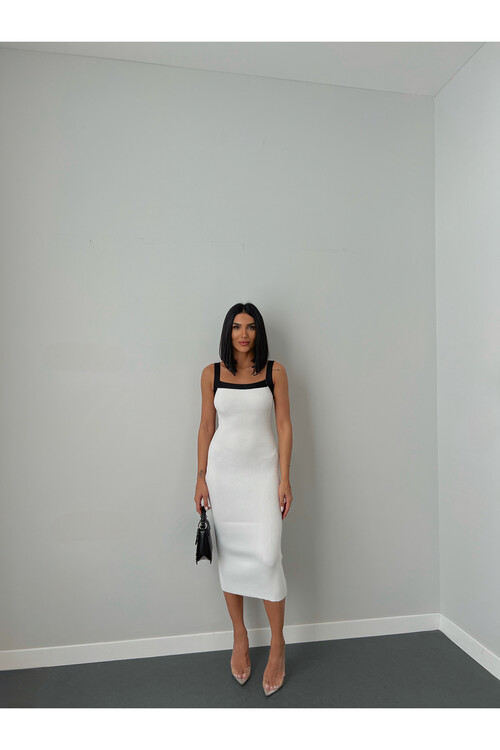 İki Renkli Askılı Triko Elbise