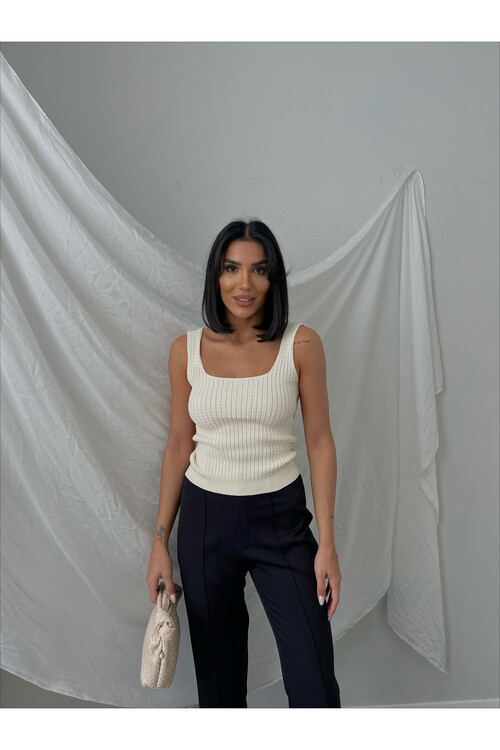 الياقة المربعة حزام سميك تريكو القميص