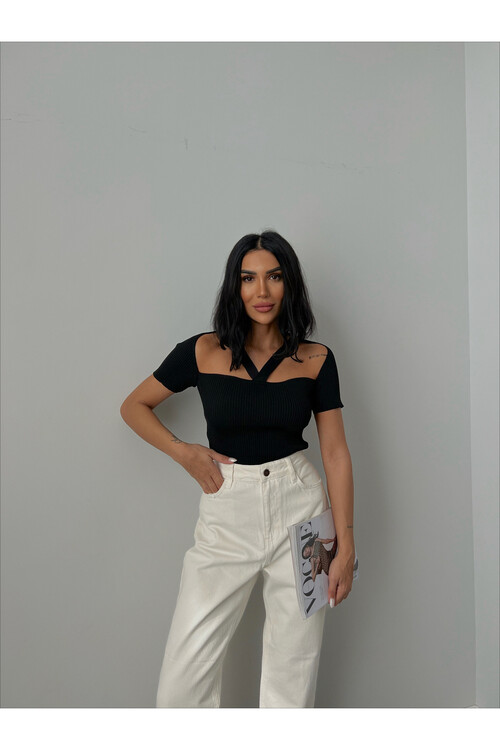 Striped Collar Short Sleeve Knitwear Blouse