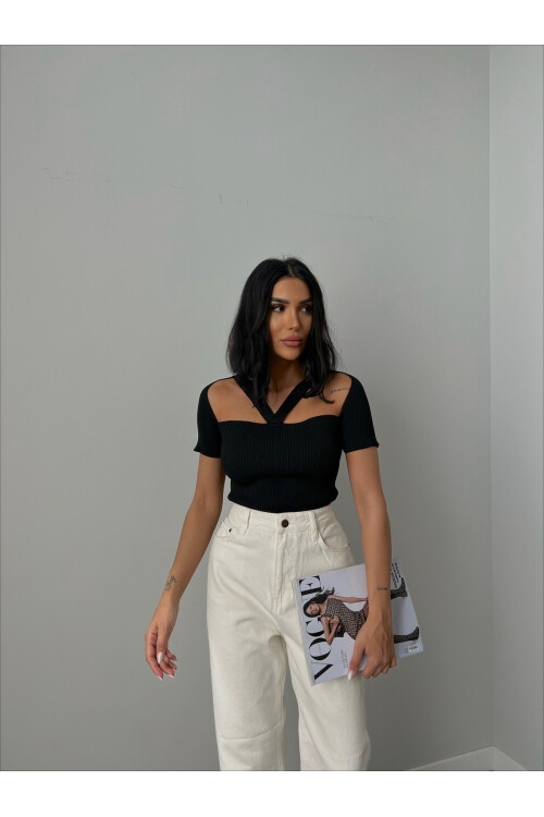 Striped Collar Short Sleeve Knitwear Blouse