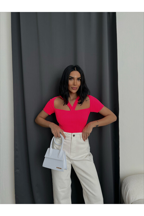 Striped Collar Short Sleeve Knitwear Blouse