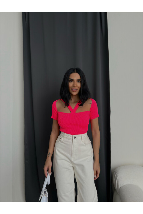 Striped Collar Short Sleeve Knitwear Blouse