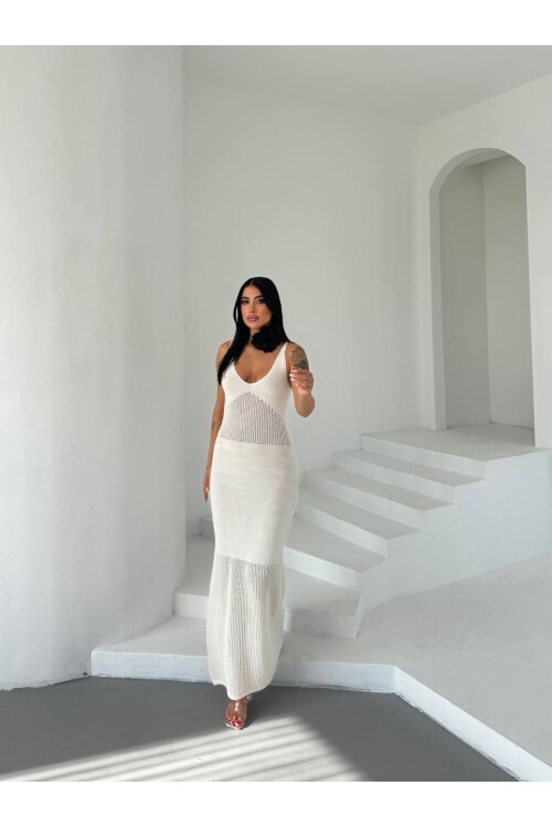 Kadın Beyaz Bel Transparan Detaylı Triko Elbise