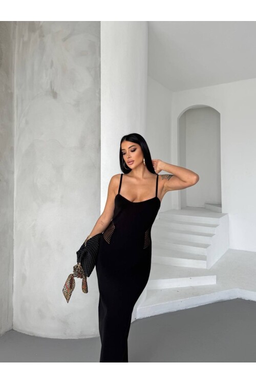 Kadın Siyah Örme Yan Dekolte Detaylı Triko Elbise