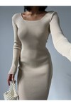 Kare Yaka Sırtı Bağcıklı Triko Elbise