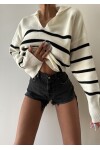 Collar Detailed Striped Knitwear Sweater