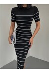 Slit Detailed Short Sleeve Striped Dress