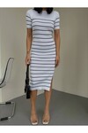 Slit Detailed Short Sleeve Striped Dress